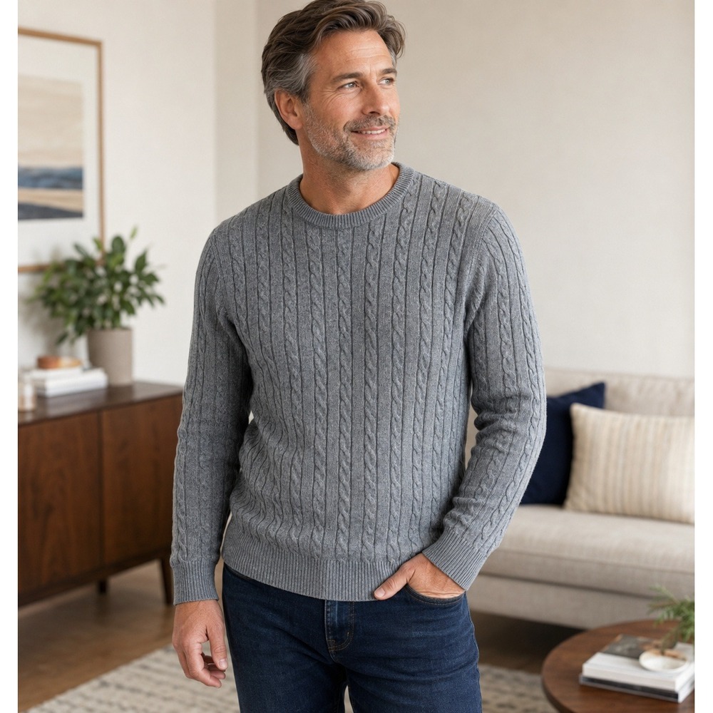 NWT Kallspin Men's XL Gray Cable Knit Crewneck Wool Blend Sweater Casual Classic